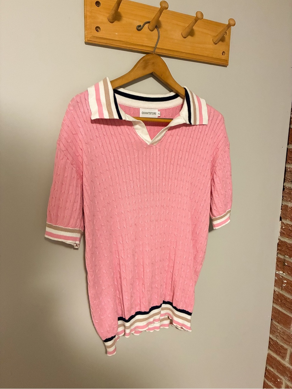 OXKnitstore Pink & White Striped Collar Knit Top